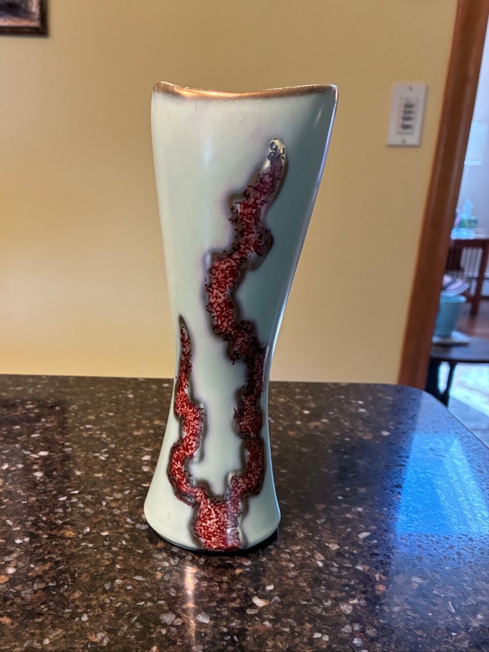 Tall Vintage Studio Pottery Vase – Celadon Green with Red Drip Glaze & Gold Rim
